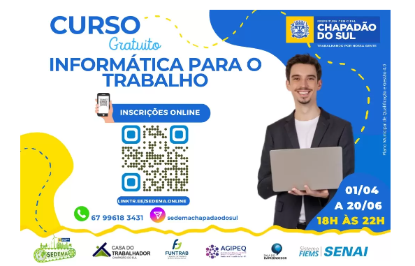 Imagem de compartilhamento para o artigo Chapadão do Sul abre vagas para o curso gratuito de Informática para o Trabalho da MS Todo dia